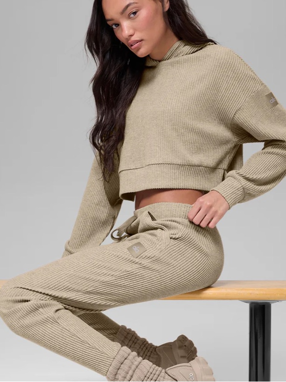 Alo Yoga Ribbed Muse Hoodie & Sweatpant Set in Gravel Heather